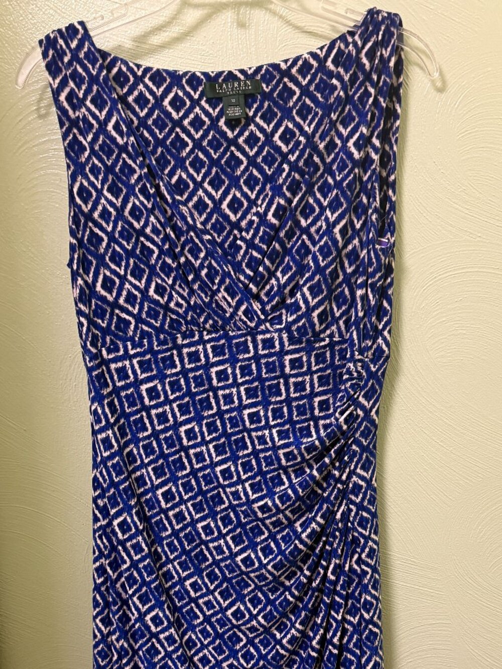 Lauren Ralph Lauren Sleeveless Faux Wrap Dress - Size 10 - Blue Geometric Print